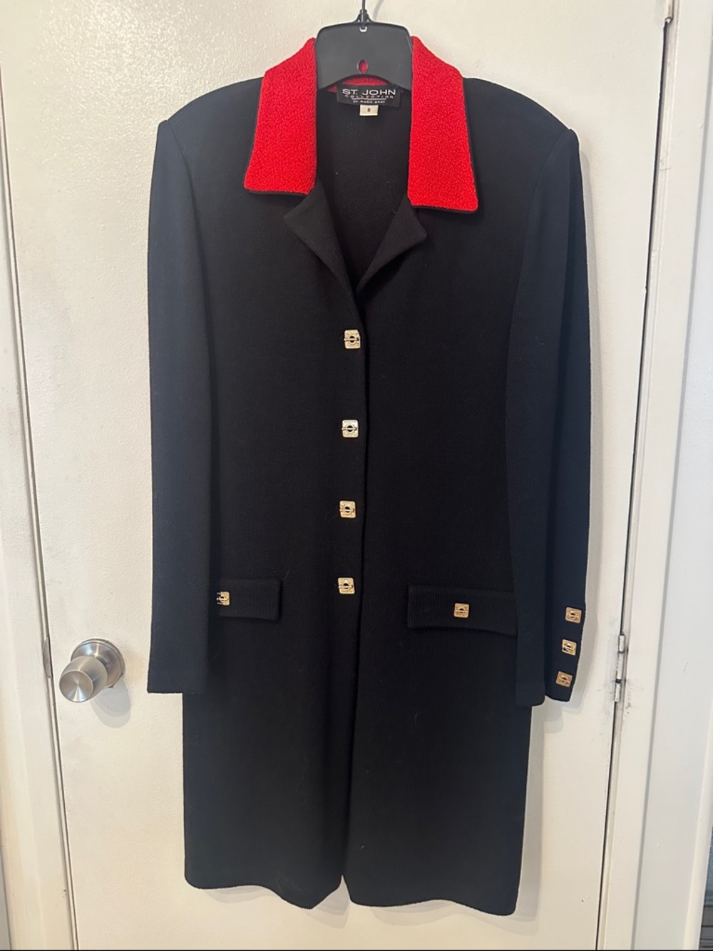 St. John Black Trench Coat with Red Contrast Collar